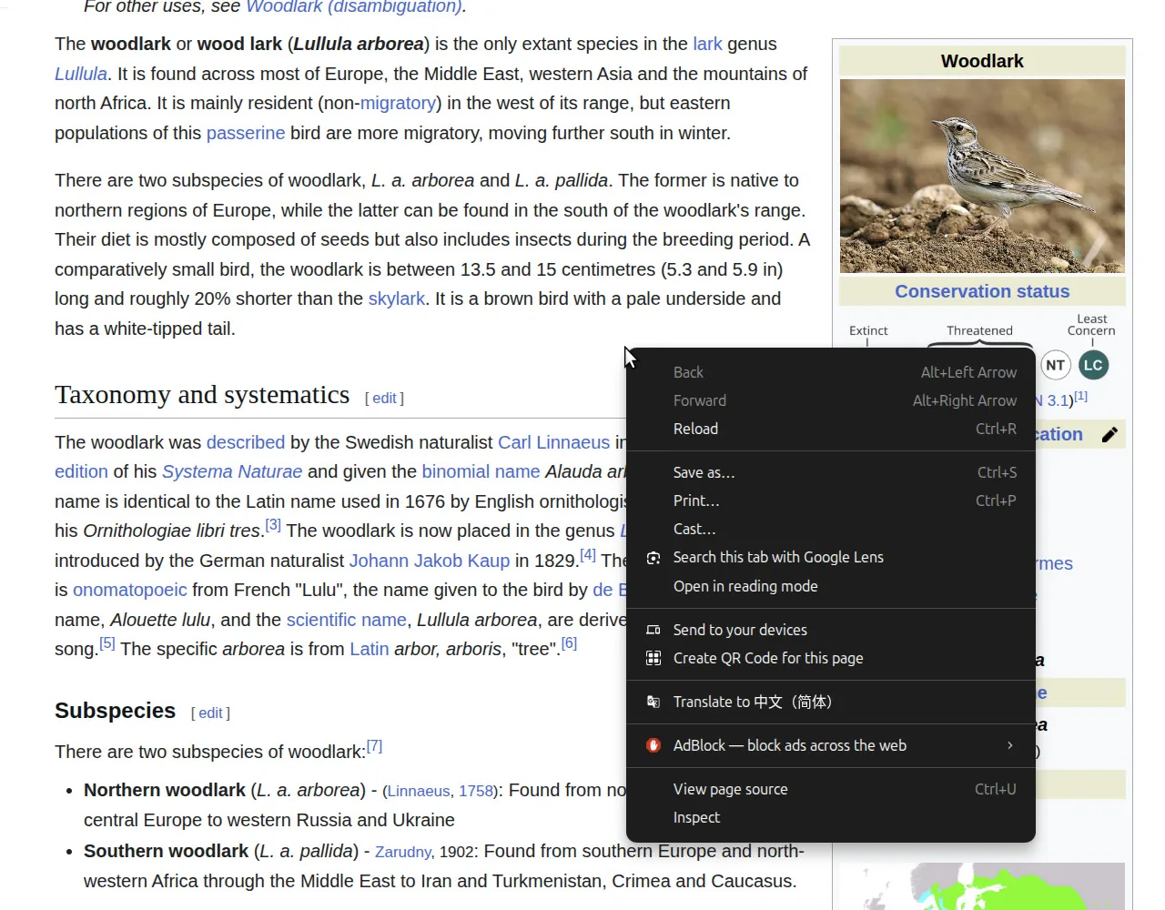 Chrome's right-click context menu on a Wikipedia article, with the Open in reading mode option visible.