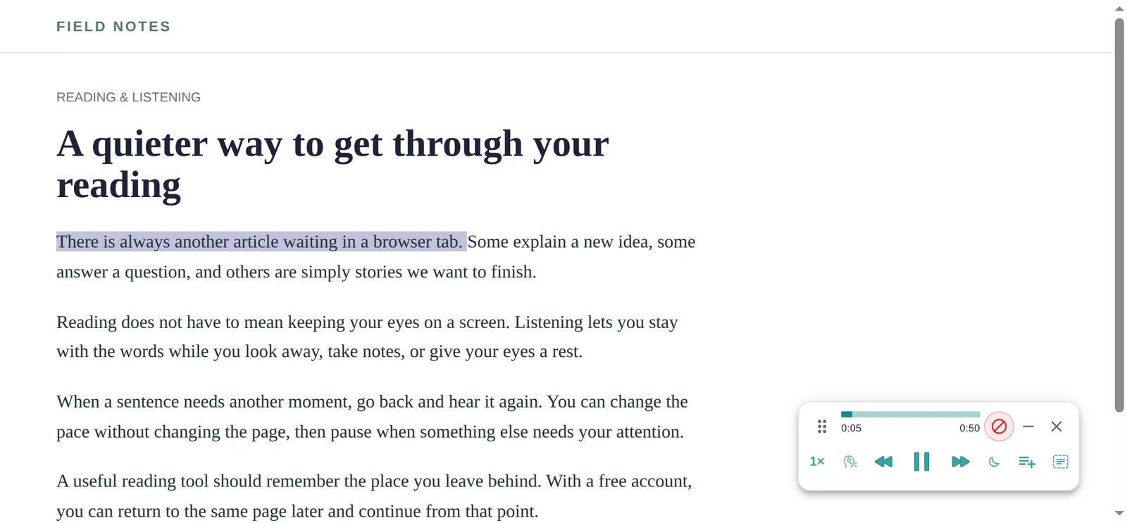 Lullula reading an original sample article with sentence highlighting, playback progress, speed and previous and next sentence controls.