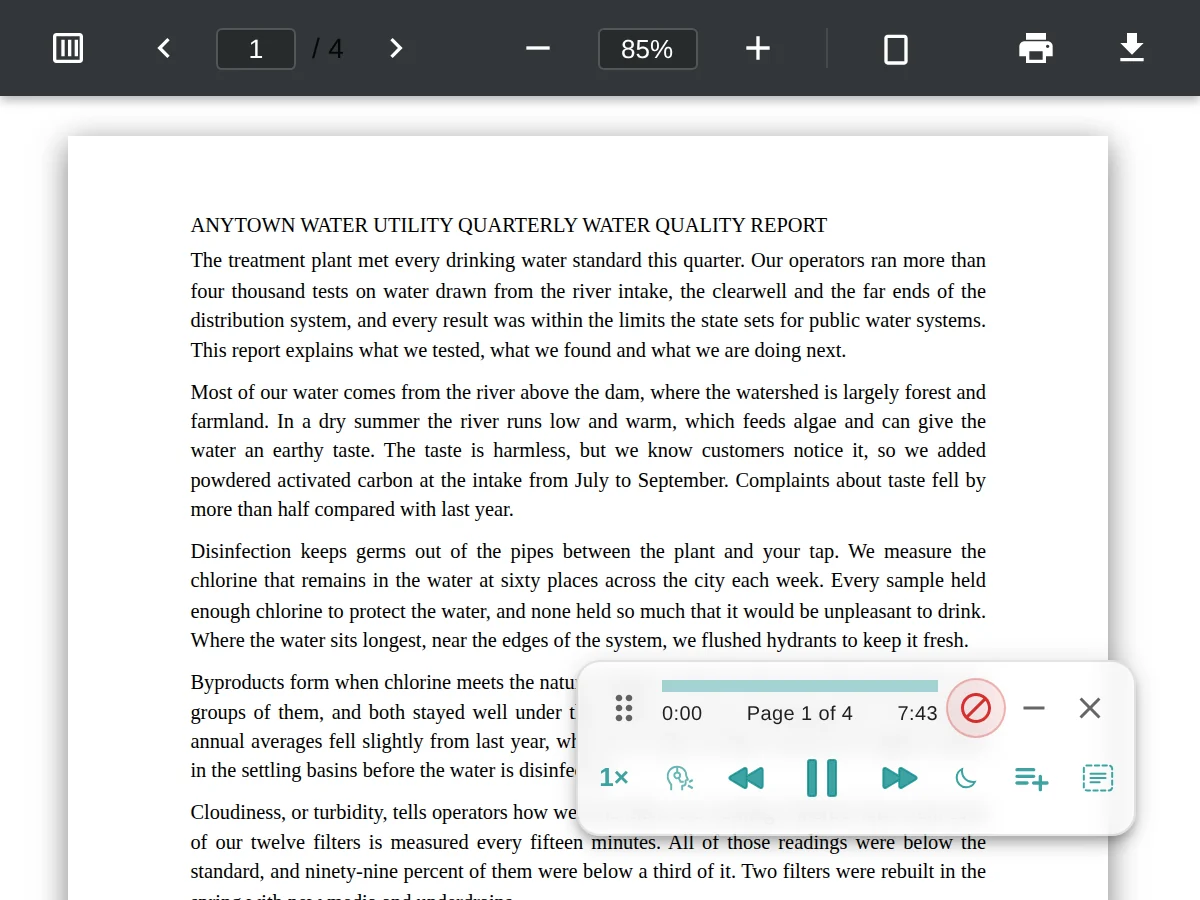 Lullula's floating player over a sample PDF report, showing the document page count, play and pause control, and previous and next sentence controls.