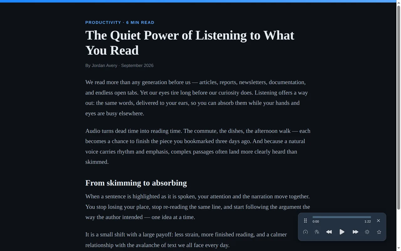 Lullula reading an article aloud — the in-page player shows controls and progress, with live sentence highlighting.