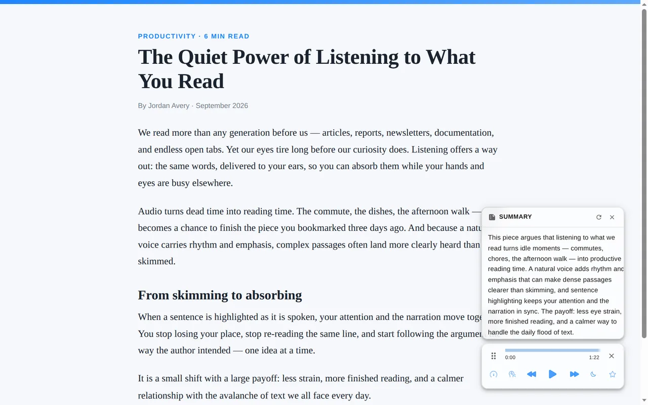 Lullula showing an AI-generated summary panel beside the article it is reading.